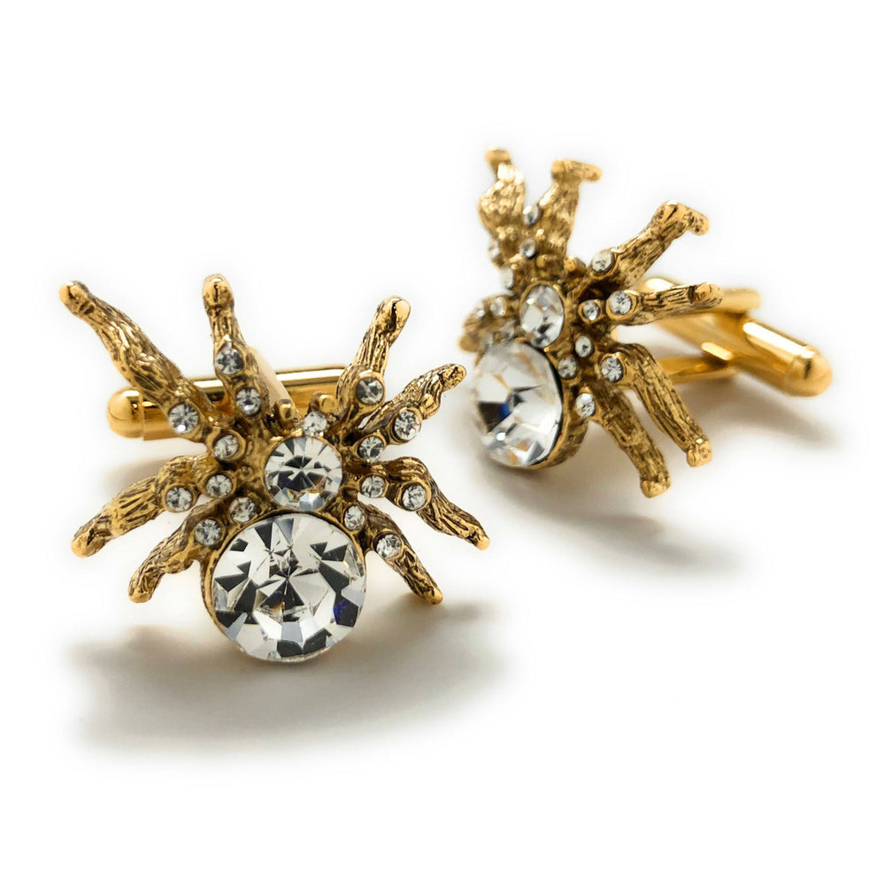Lucky Spider Cufflinks Gold Tone Walking Crystal Spider Cool Fun Highly Detailed Design Cuff Links Image 2