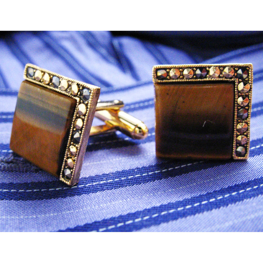Tiger Eye Cufflinks Classic Gold Tone Antique Tigers Eye with Crystals Square Cufflink Image 3