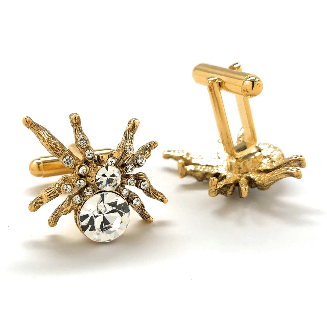 Lucky Spider Cufflinks Gold Tone Walking Crystal Spider Cool Fun Highly Detailed Design Cuff Links Image 3