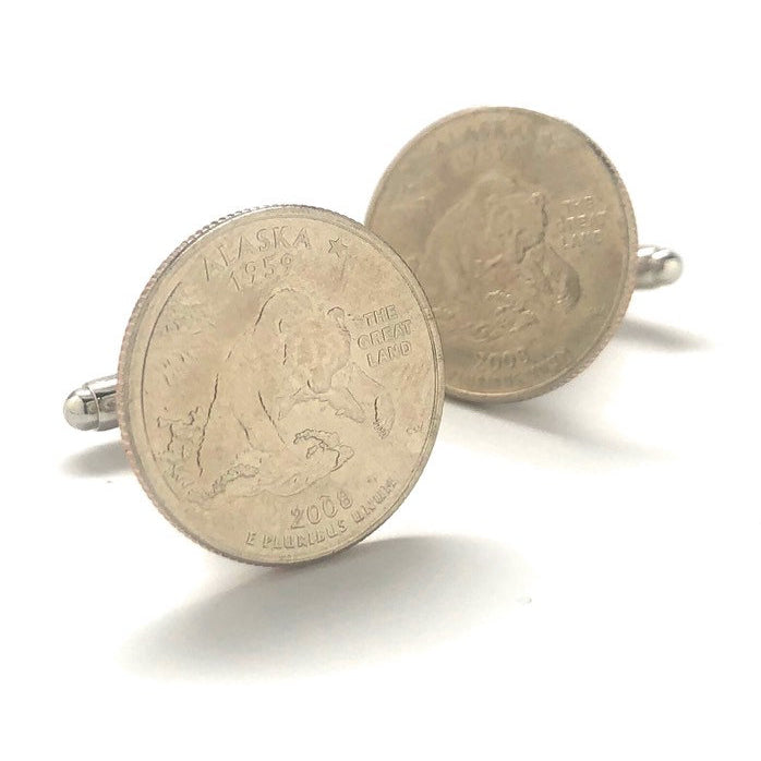 Birth Year Alaska Quarter Cufflinks Suit Flag State Coin Jewelry USA US United States Juneau Anchorage Bear Nature Cuff Image 4