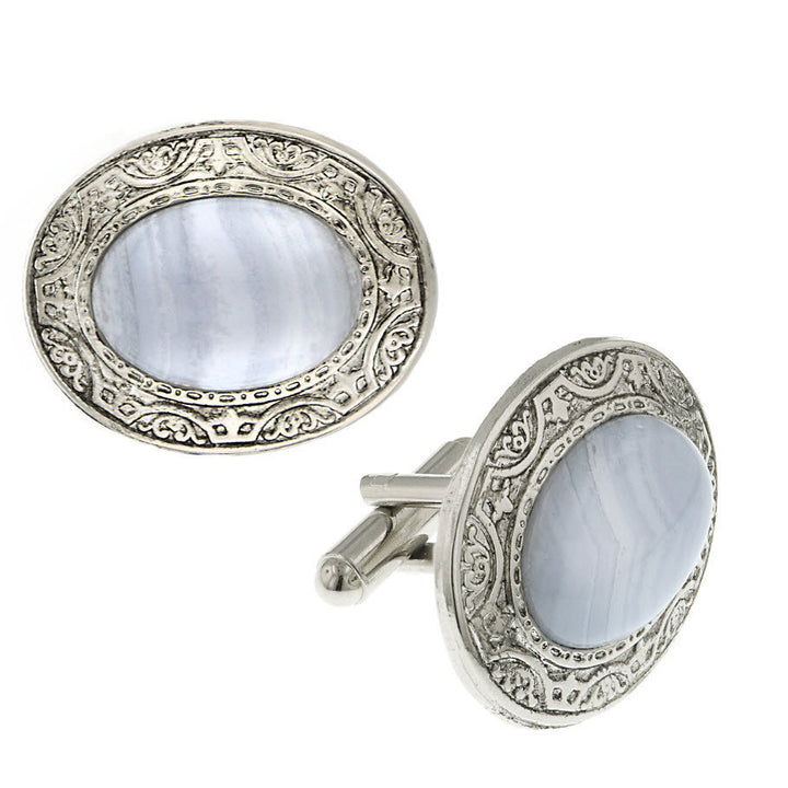 Embossed Lace Cufflinks Silver Tone Blue Stone Oval Cuff Links Image 1