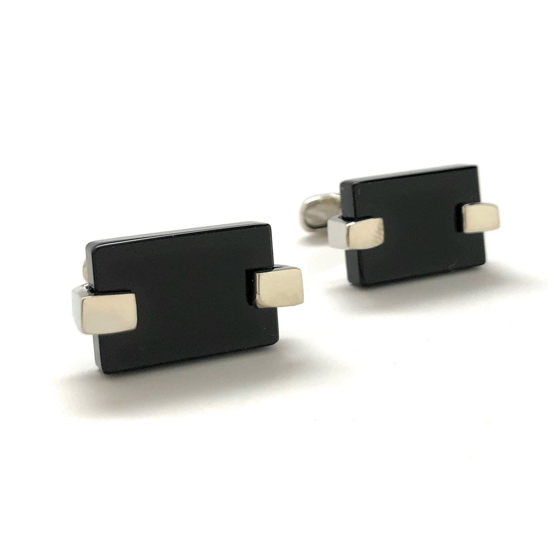 Mens Cufflinks Black Agate Slab Design Silver Clip Holder Tone Cuff Links Comes with Gift Box Image 1