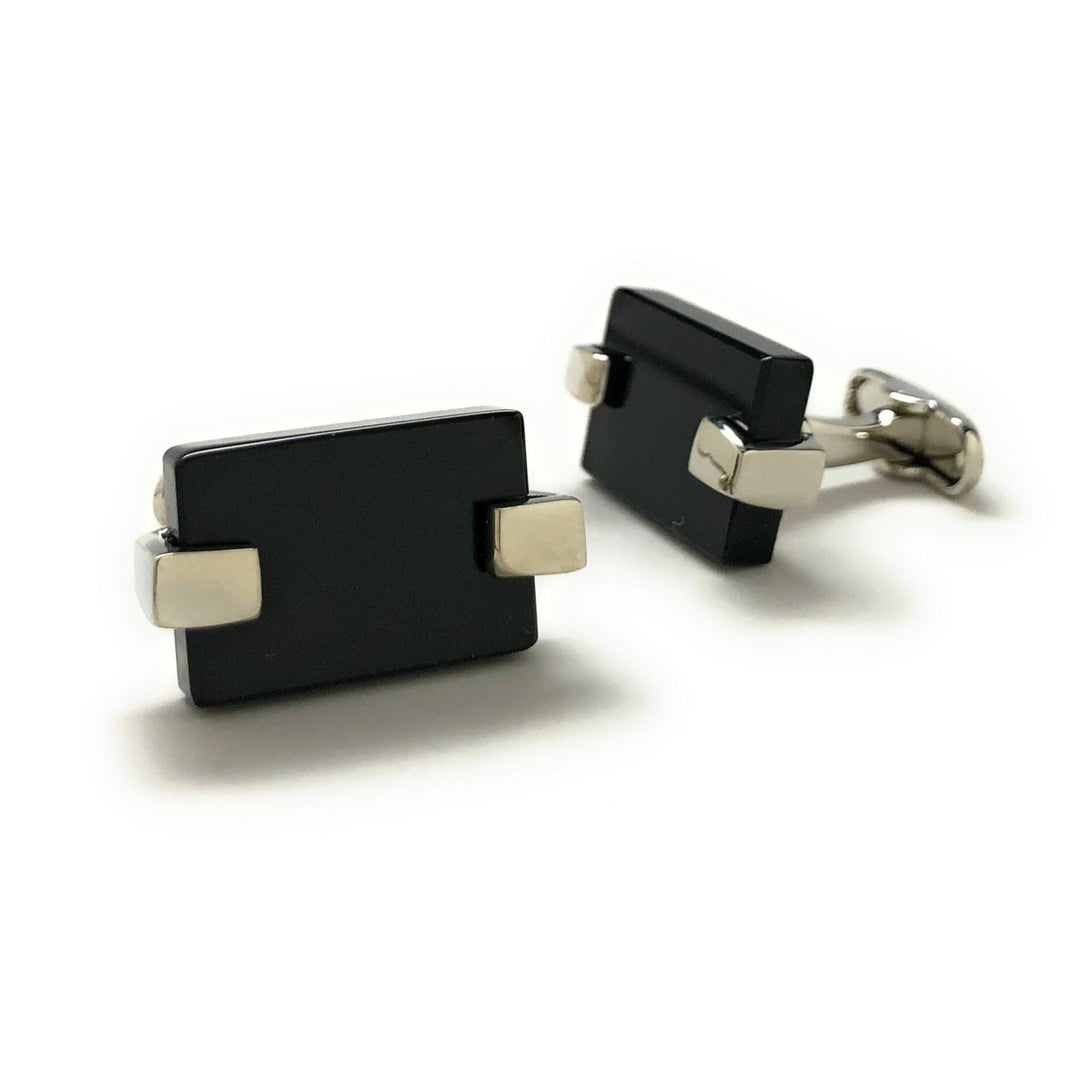 Mens Cufflinks Black Agate Slab Design Silver Clip Holder Tone Cuff Links Comes with Gift Box Image 2