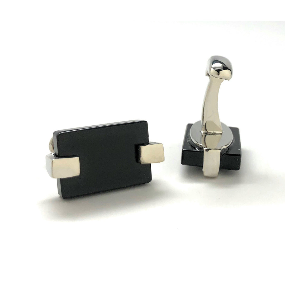 Mens Cufflinks Black Agate Slab Design Silver Clip Holder Tone Cuff Links Comes with Gift Box Image 3
