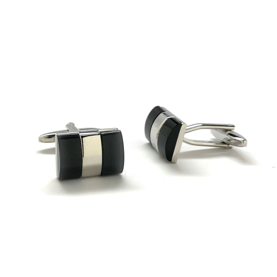 Mens Cufflinks Black Two Thick Band Onyx with Silver Band Cuff Links Comes with Gift Box Image 2