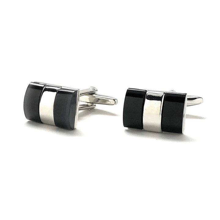 Mens Cufflinks Black Two Thick Band Onyx with Silver Band Cuff Links Comes with Gift Box Image 4
