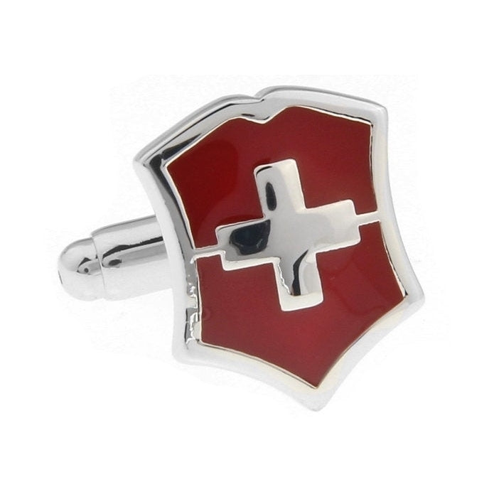 Swiss Red Cross Shield Cufflinks Silver Tone Red Enamel Cross Cuff Links Image 1