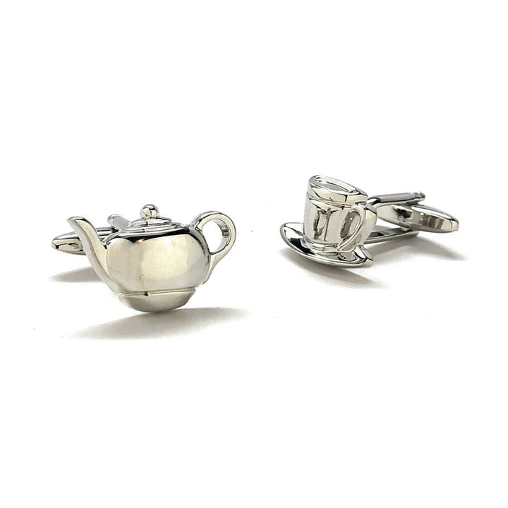 Silver Tea Cup and Kettle Cufflinks Time for Tea England Cuff Links Comes with Gift Box Image 2
