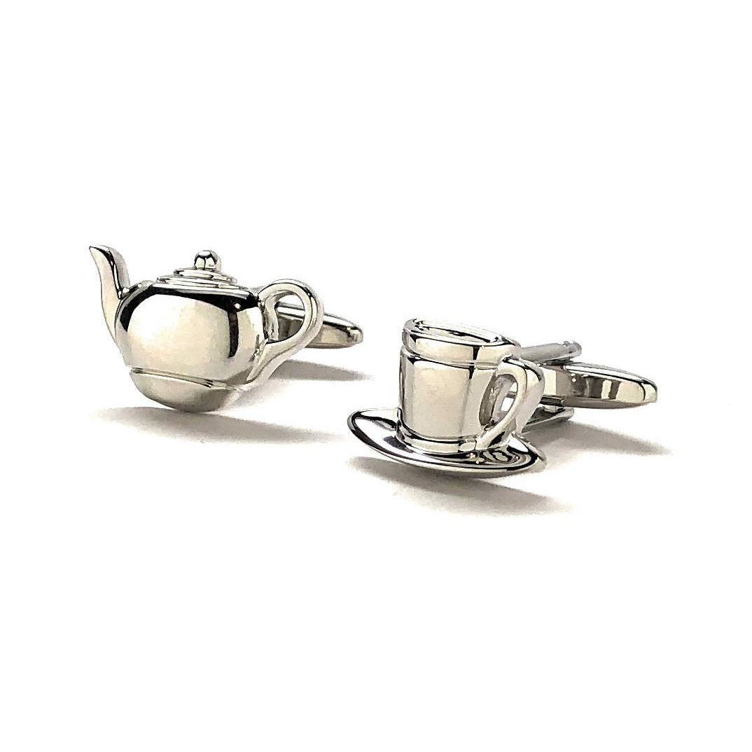 Silver Tea Cup and Kettle Cufflinks Time for Tea England Cuff Links Comes with Gift Box Image 4