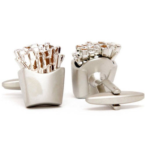 Silver Tone French Fries Cufflinks Fast Food Restaurant Cook Chef Boss Quick Meal Chips Fun Cool Comes with Gift Box Image 2
