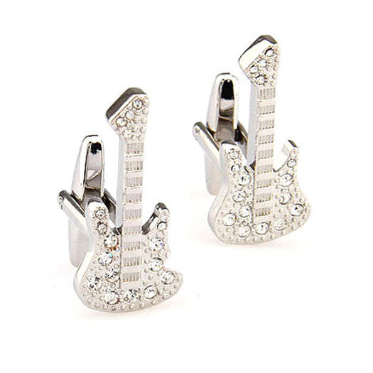 Silver Star Studded Electric Guitar Elvis Cufflinks Full Guitar with Body and Neck Rock and Roll Cuff Links Comes with Image 1