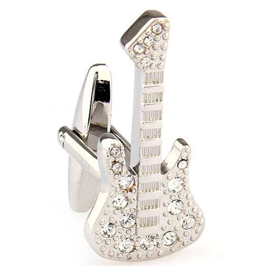 Silver Star Studded Electric Guitar Elvis Cufflinks Full Guitar with Body and Neck Rock and Roll Cuff Links Comes with Image 2