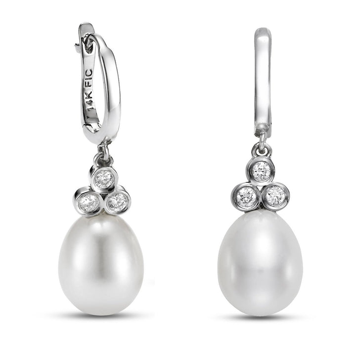 14k White Gold Dangle Earrings with 8.5-9mm White Freshwater Cultured Pearl and 0.163cttw Diamond Image 1