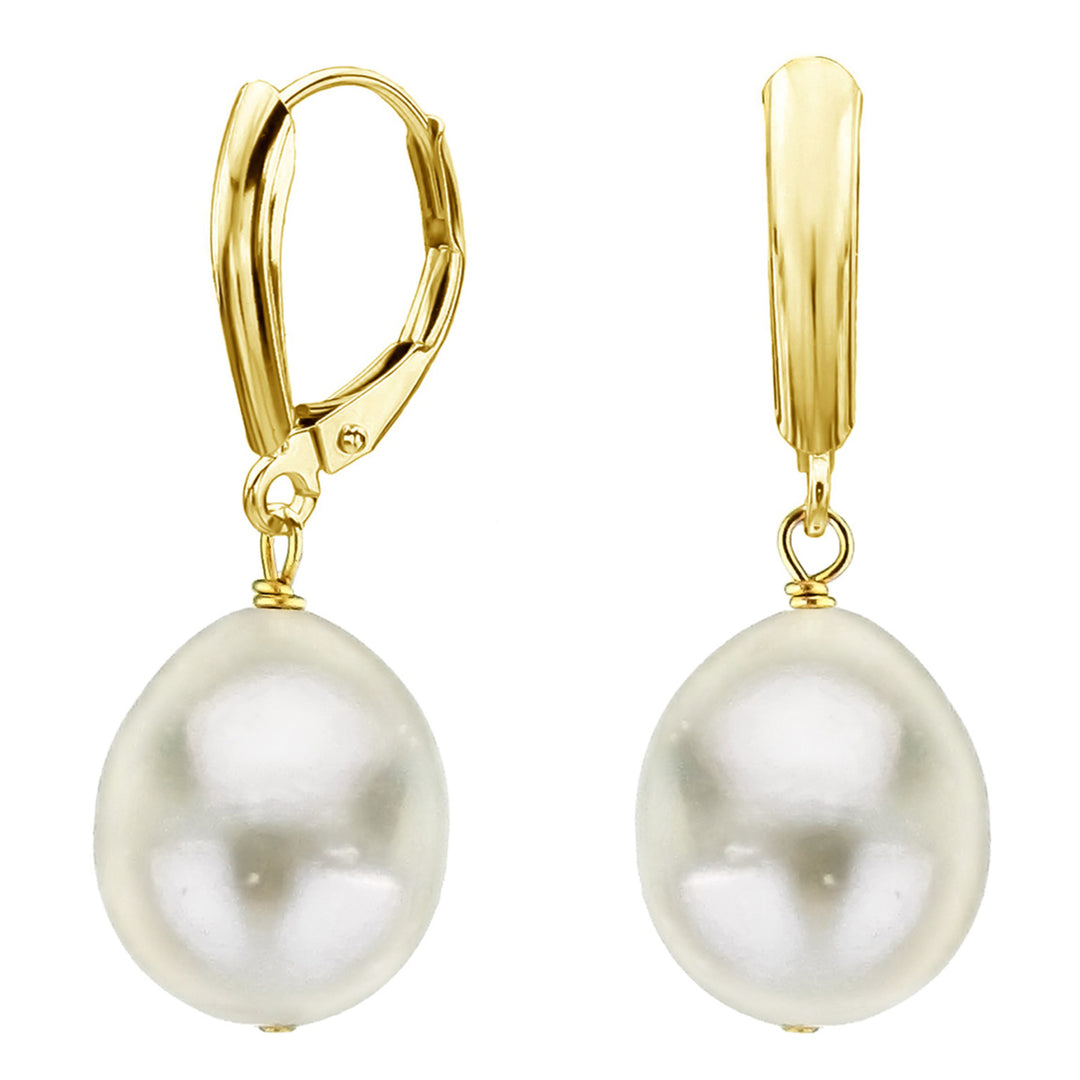 White Off-shape Cultured Freshwater Pearl Lever-back Dangle Earrings for Women 12-13mm in 14k Yellow Gold Image 1