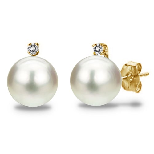 14k Gold Yellow Gold Cultured Freshwater White Pearl Diamond 1/50 CTTW (G-H SI1-SI2) Studs Earrings Image 1