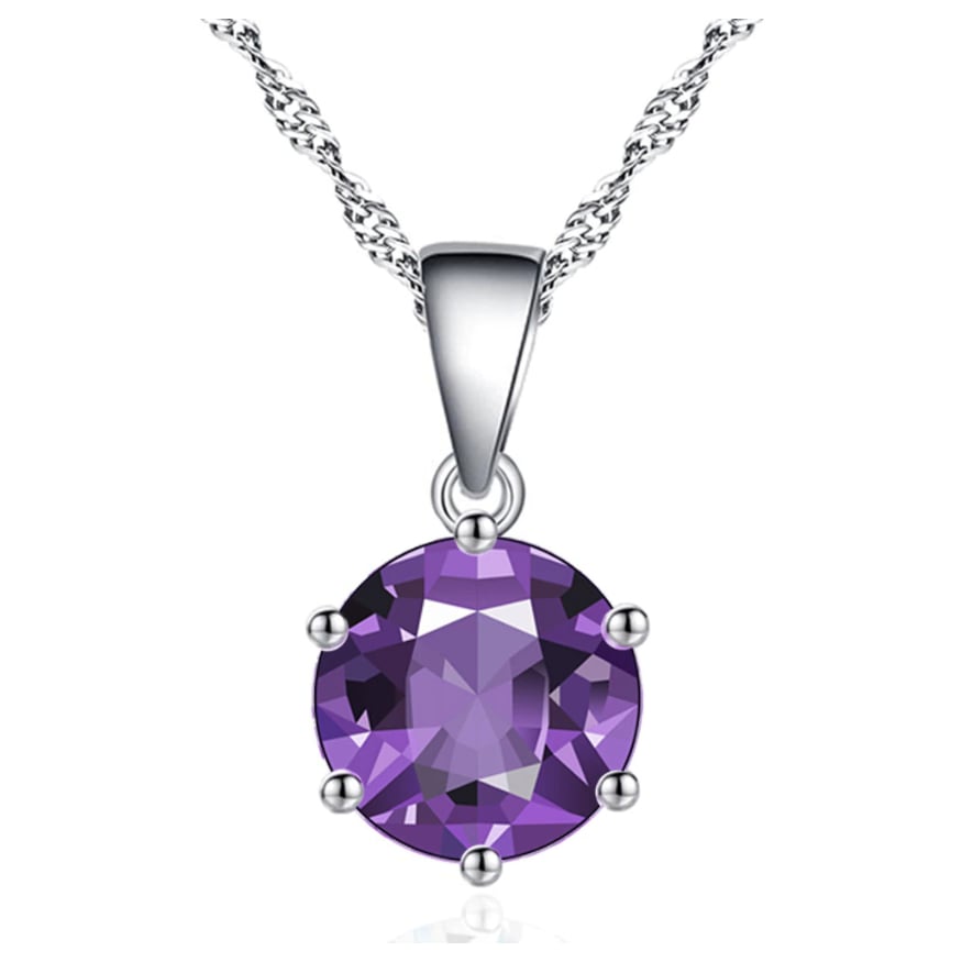 925 Sterling Silver Classic Amethyst CZ Round Necklace Image 1