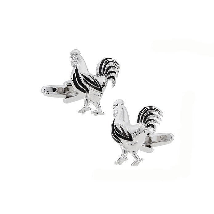 Silver Year of the Rooster Cufflinks with Black Enamel Lucky Chicken Cock Cuff Links Brings Good fortune Chinese Zodiac Image 1