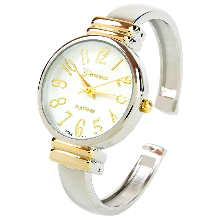 2Tone Metal Band Slim Case Womens Bangle Cuff Watch Image 1