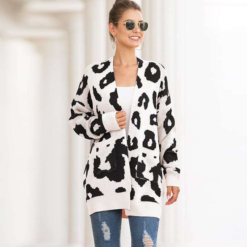 Womens Sweater Double Pocket Leopard Cardigan Image 1