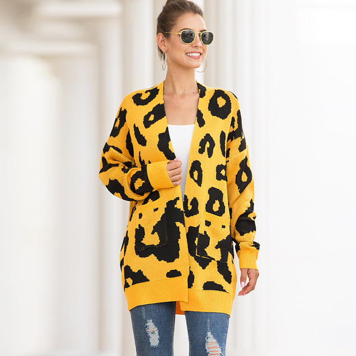 Womens Sweater Double Pocket Leopard Cardigan Image 3