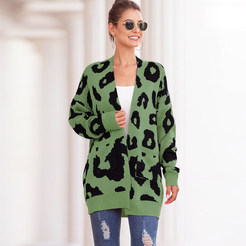 Womens Sweater Double Pocket Leopard Cardigan Image 4