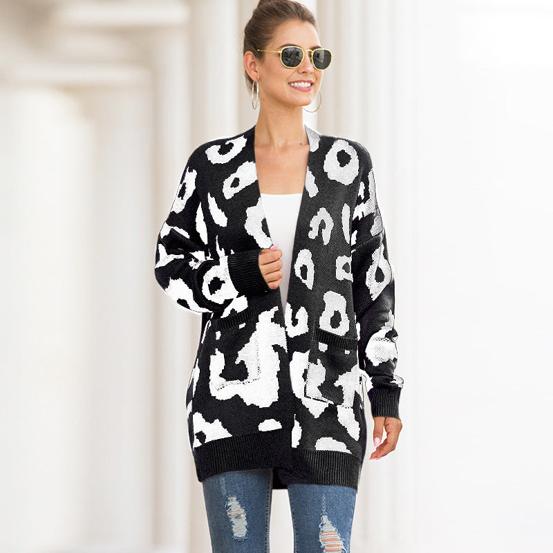 Womens Sweater Double Pocket Leopard Cardigan Image 1