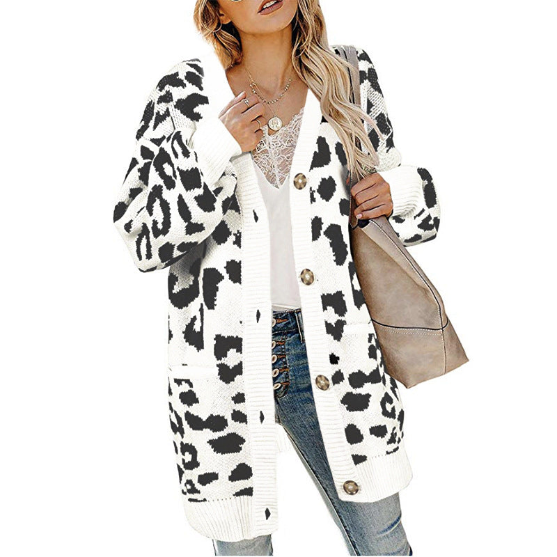 Womens Lantern Sleeve Leopard Cardigan Sweater Image 1