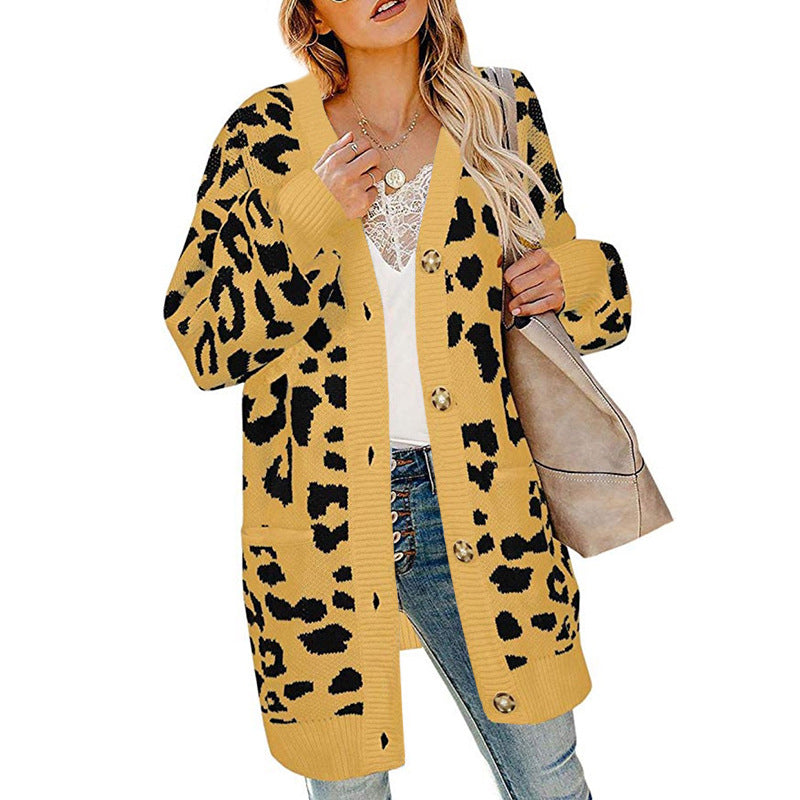 Womens Lantern Sleeve Leopard Cardigan Sweater Image 3