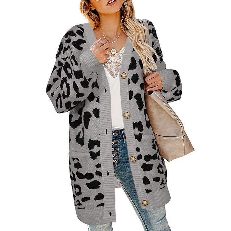 Womens Lantern Sleeve Leopard Cardigan Sweater Image 4