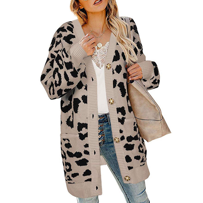 Womens Lantern Sleeve Leopard Cardigan Sweater Image 1