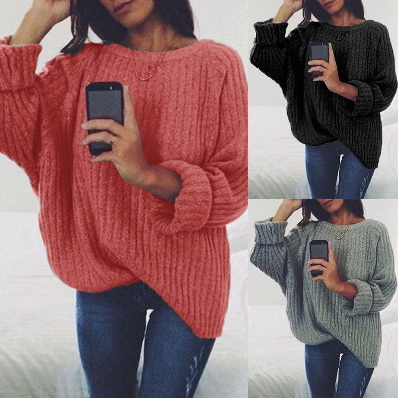 Womens Large Round Neck Long Sleeve Sweater Image 1