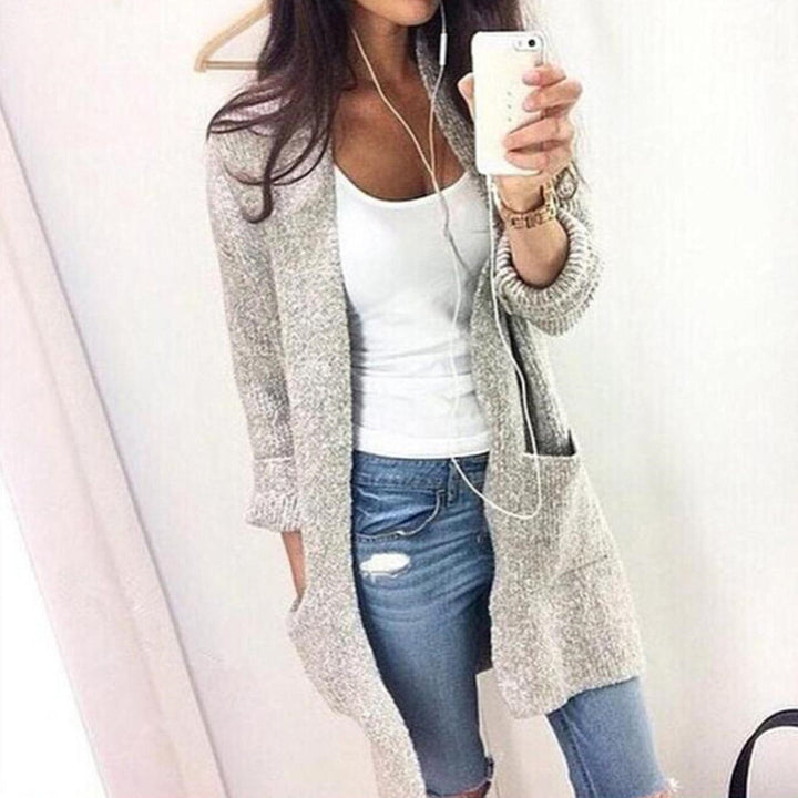 Womens Mid-length Large Pocket Knitted Cardigan Image 1