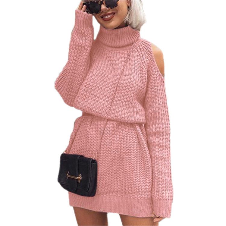 Womens Turtleneck Off-Shoulder Sweater Dress Image 1