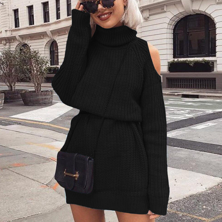 Womens Turtleneck Off-Shoulder Sweater Dress Image 4