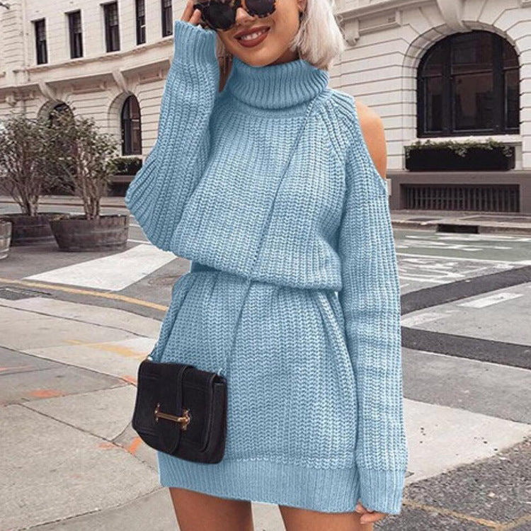 Womens Turtleneck Off-Shoulder Sweater Dress Image 1