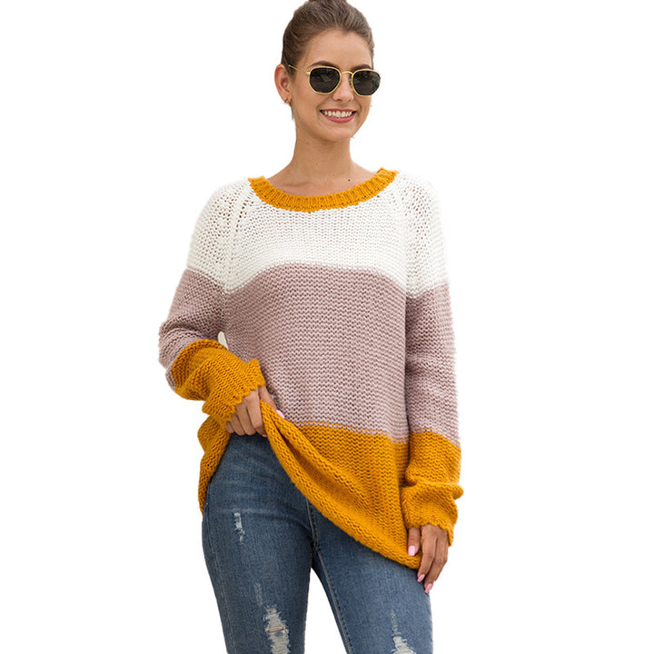 Womens Fashion Thick Line Colorblock Pullover Image 1