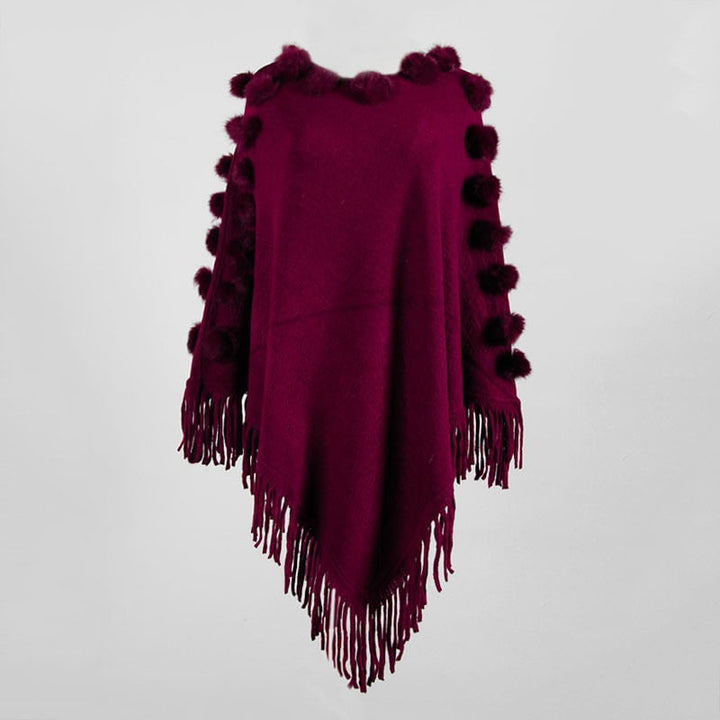 Womens Fringed Shawl Wool Ball Crew Neck Sweater Image 2