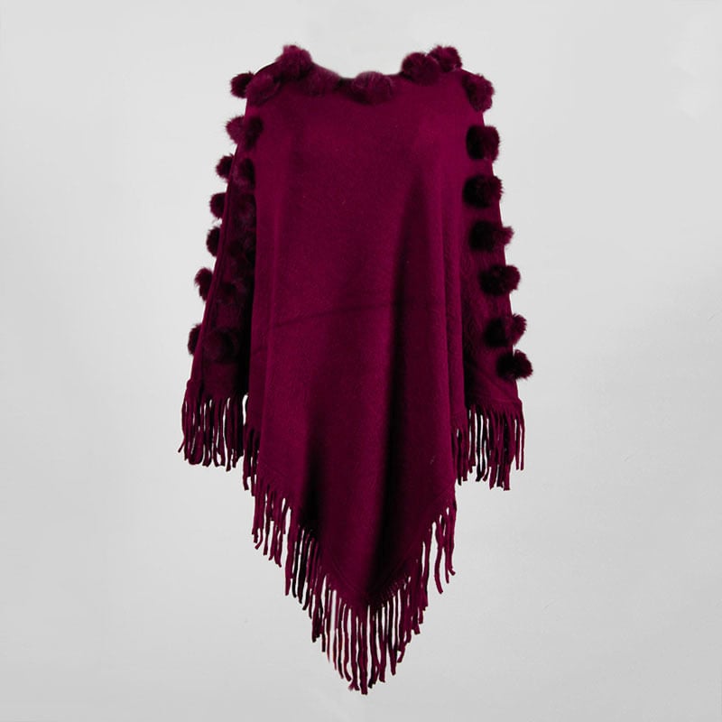 Womens Fringed Shawl Wool Ball Crew Neck Sweater Image 1