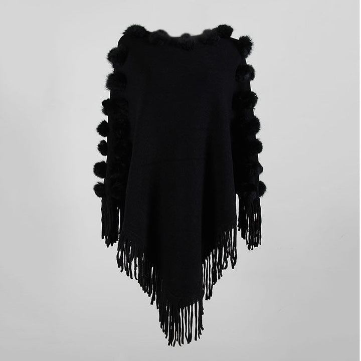 Womens Fringed Shawl Wool Ball Crew Neck Sweater Image 4