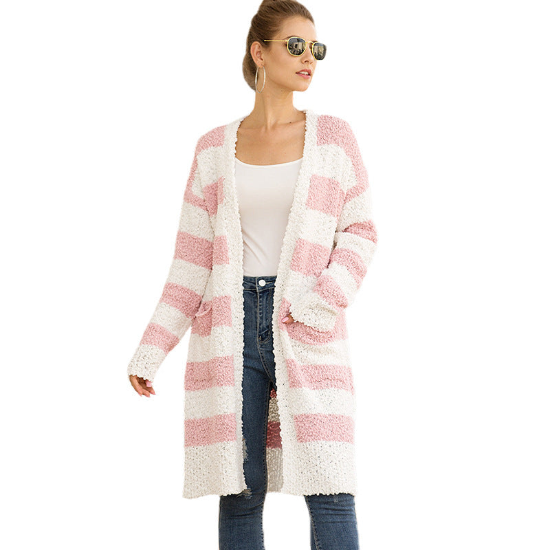 Womens Fleece Striped Sweater Cardigan Image 1