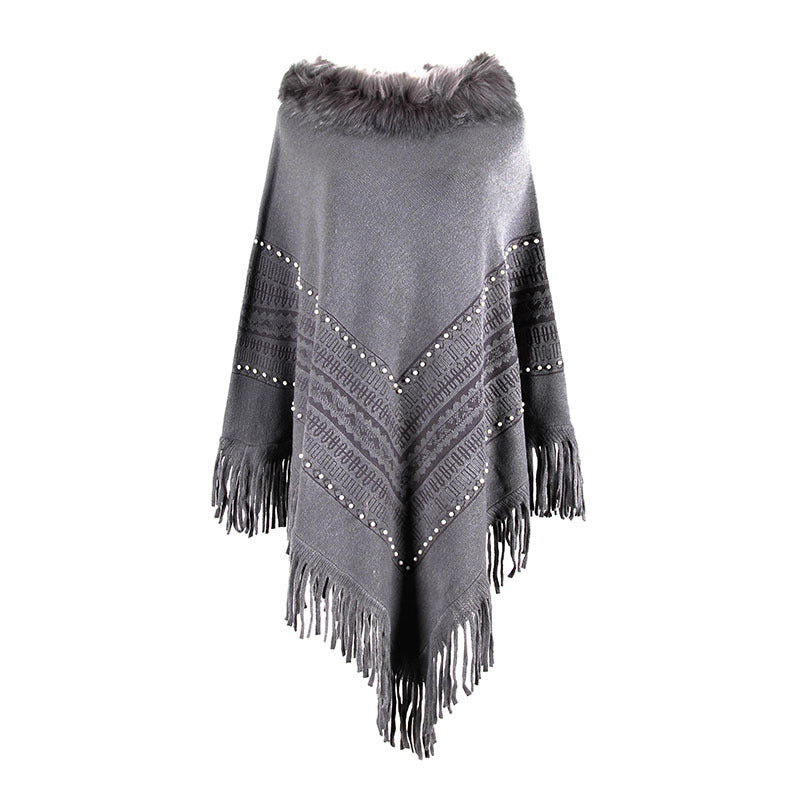 Womens Fringed Shawl faux Collar Beaded Sweater Image 2