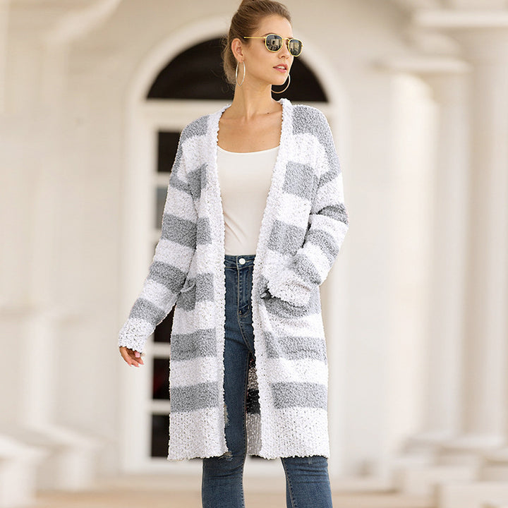 Womens Fleece Striped Sweater Cardigan Image 3