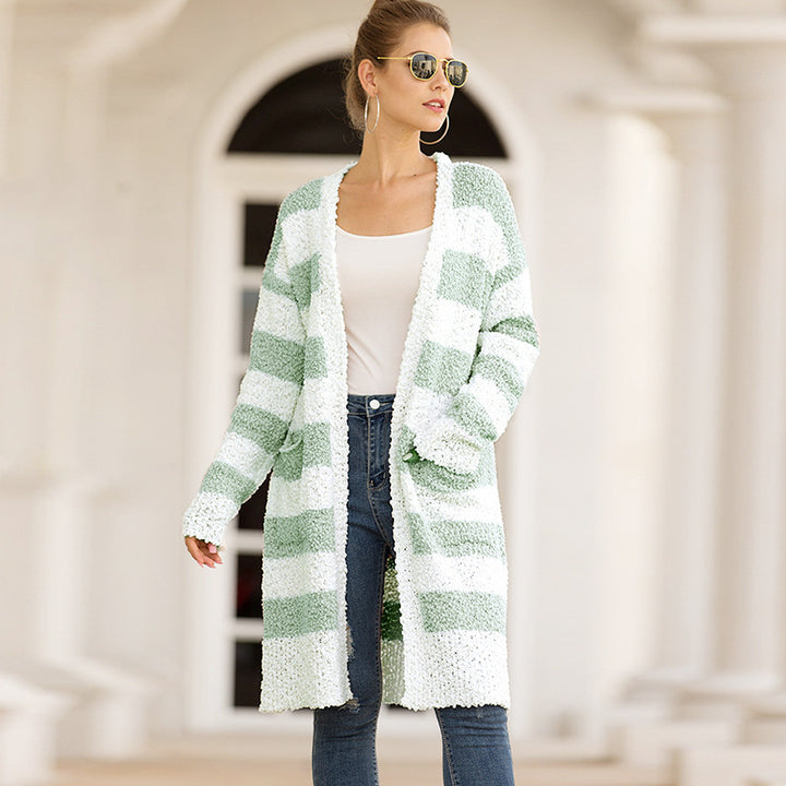 Womens Fleece Striped Sweater Cardigan Image 4