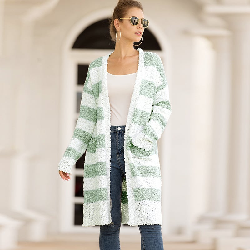 Womens Fleece Striped Sweater Cardigan Image 1