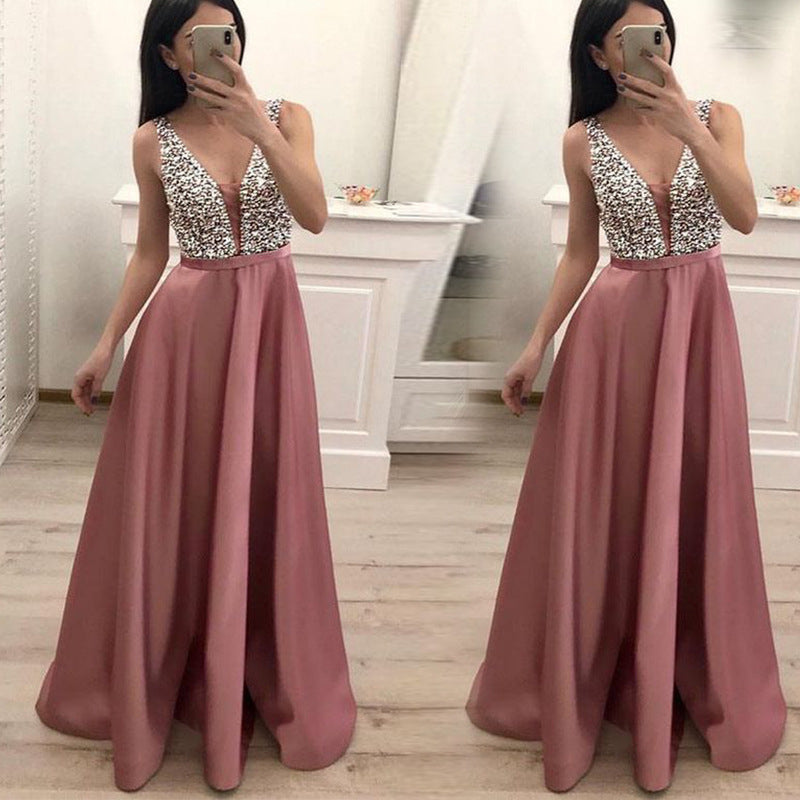 Women Pink Sexy V-Neck Sleeveless Sequin Dress Dress Image 1