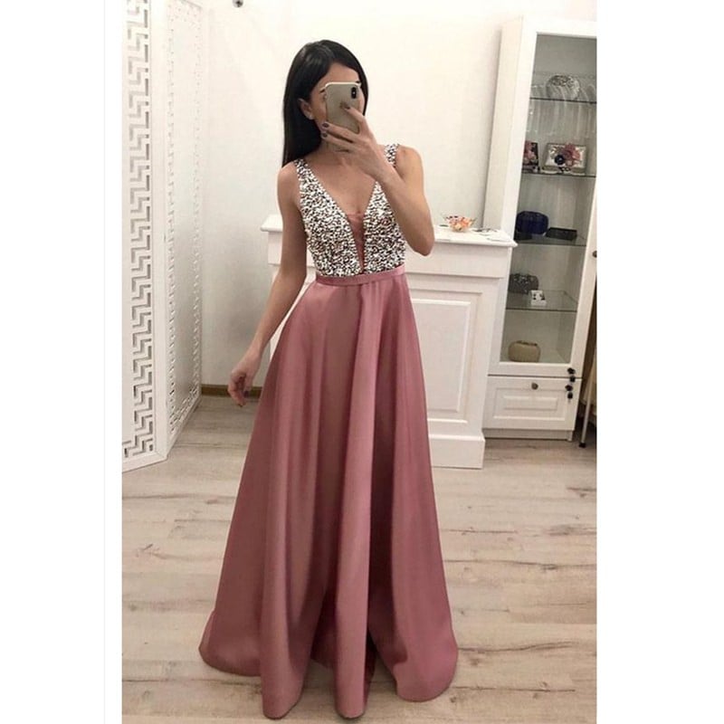 Women Pink Sexy V-Neck Sleeveless Sequin Dress Dress Image 3