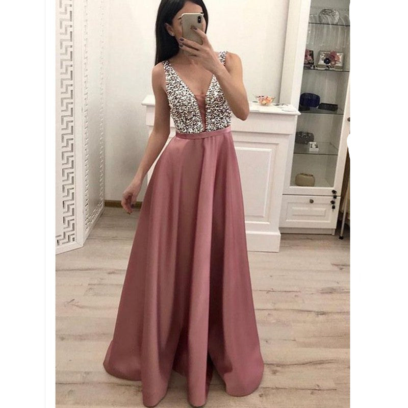 Women Pink Sexy V-Neck Sleeveless Sequin Dress Dress Image 4