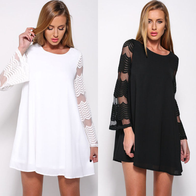 Womens Round Neck Mesh Splicing Long Sleeve Lace Dress Image 1