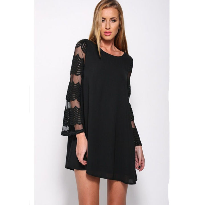 Womens Round Neck Mesh Splicing Long Sleeve Lace Dress Image 1