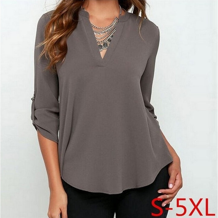 Womens Plus Size V-Neck Long Sleeve Ruched Chiffon Shirt Image 4